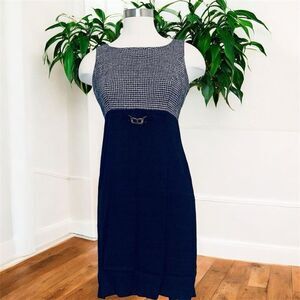 Vintage Alison Che Tweed Navy Blue Mini Dress S Buckle Checkered Plaid